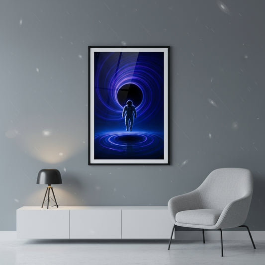 Futuristic poster of an astronaut in a blue and black tunnel on a white background. Abstract space landscape poster.