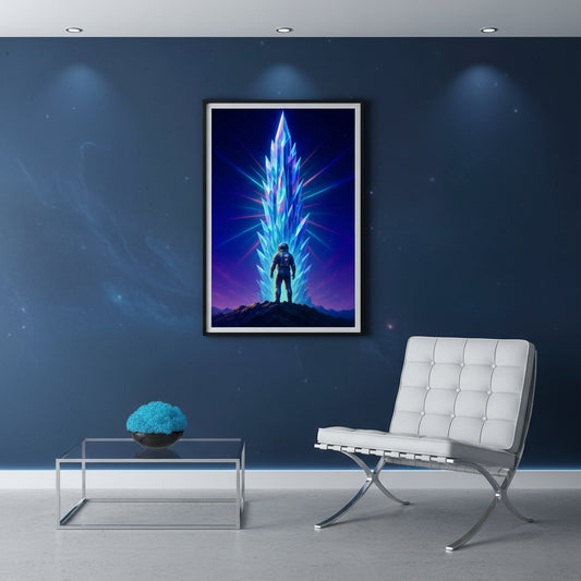 Futuristic landscape with a glowing crystal structure and a figure standing on a hill. Abstract space landscape poster.