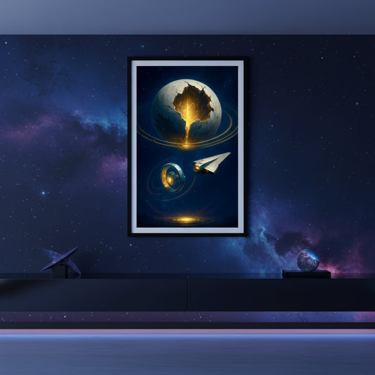 Futuristic spaceship approaching a glowing planet with rings on a dark blue background. Abstract space landscape poster.