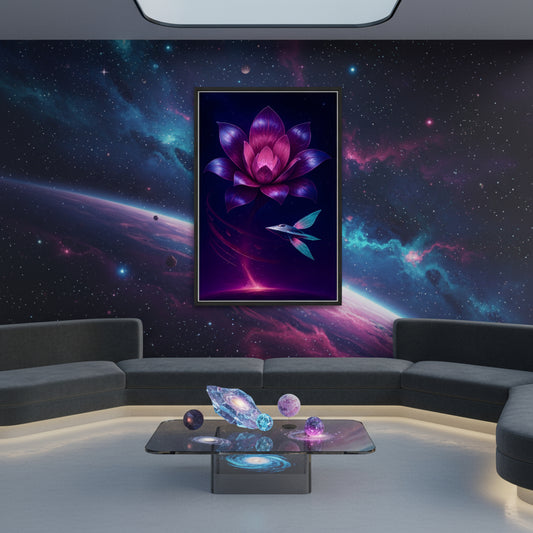 Framed artwork of a pink lotus flower with a blue bird on a white background. Abstract space landscape poster.