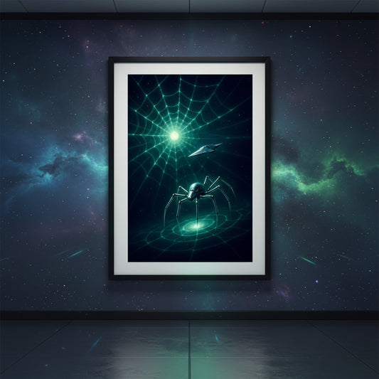 Futuristic spider and web design on a dark background. Abstract space landscape poster.
