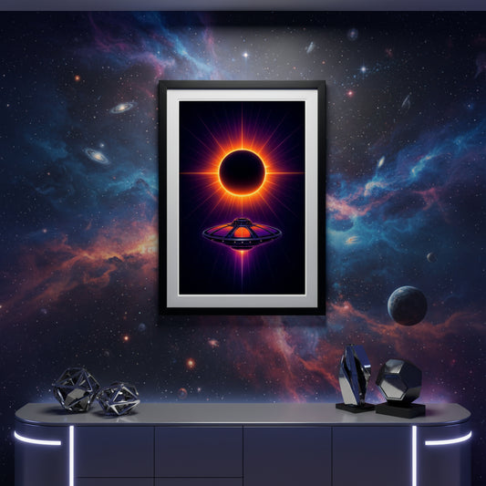 Surreal poster with a black circle resembling an eclipse and a flying saucer below on a white background. Abstract space landscape poster.