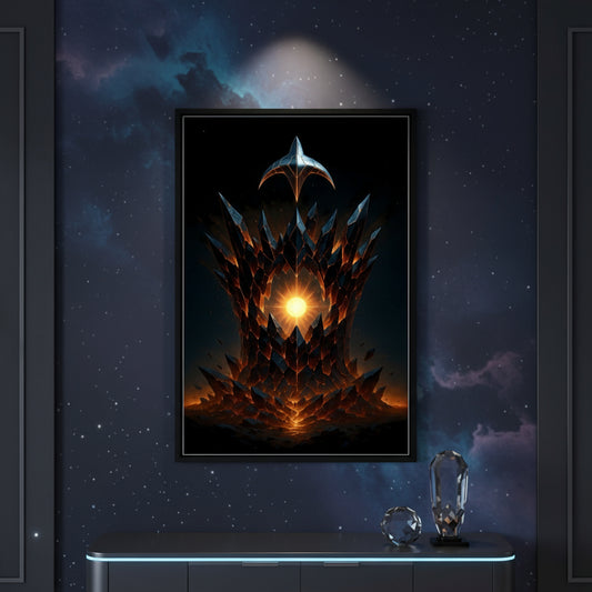 Futuristic helmet with glowing central light on a black background. Abstract space landscape poster.