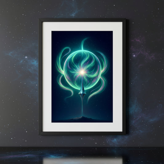 Futuristic design with a glowing central sphere and swirling energy on a dark background. Abstract space landscape poster.