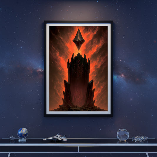 Futuristic alien spaceship descending towards a rocky planet with fiery background. Abstract space landscape poster.