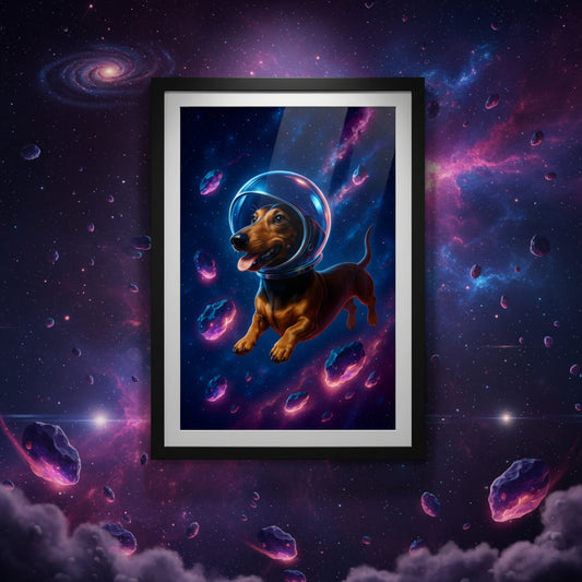 Dachshund dog in an astronaut helmet with a space background. Space dogs. Dog picture. Dog poster.