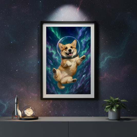 Poster of a corgi in a space helmet against a colorful cosmic background. Space dogs. Dog picture. Dog poster.