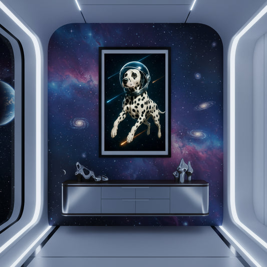 Poster of a Dalmatian dog in an astronaut suit against a space background. Space dogs. Dog picture. Dog poster.
