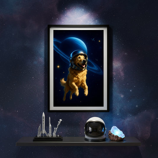 Golden retriever in an astronaut suit with a space background. Space dogs. Dog picture. Dog poster.
