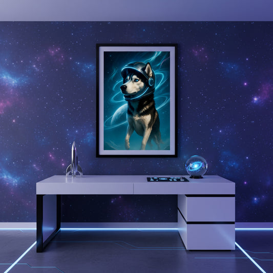 Surreal artwork of a husky dog wearing a space helmet with abstract blue and purple energy effects on a white background. Space dogs. Dog picture. Dog poster.