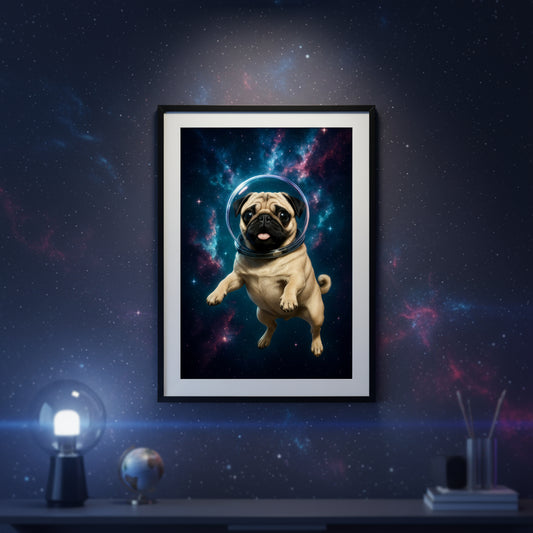 Pug dog wearing an astronaut helmet with a space background. Space dogs. Dog picture. Dog poster.