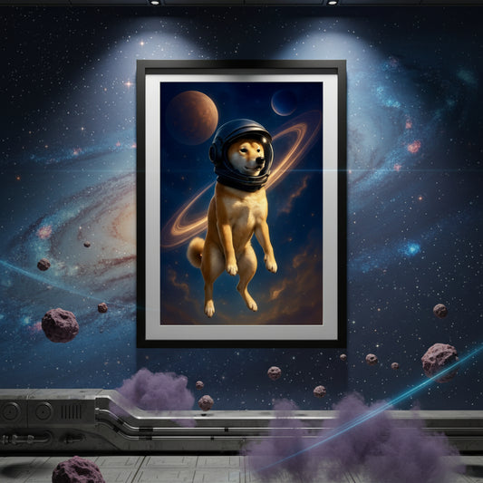 Dog wearing an astronaut helmet with space background. Space dogs. Dog picture. Dog poster.