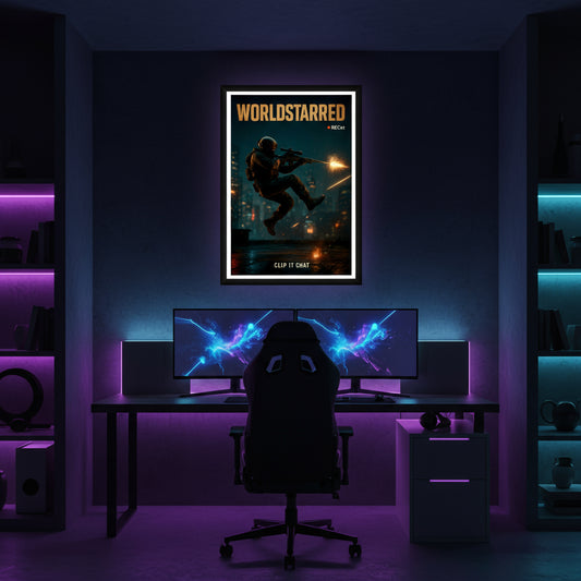 Poster with a soldier in a cityscape at night, featuring the brand 'WorldStarred'. Call of duty and FPS inspired poster.