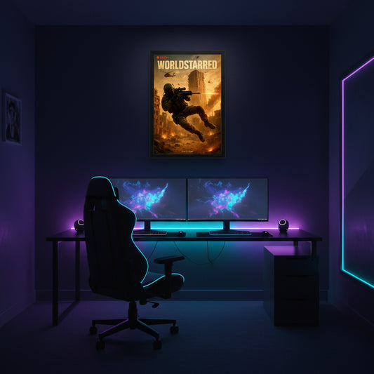 Call of duty and FPS inspired poster. 'Worldstarred' with a soldier in action scene on a white background.