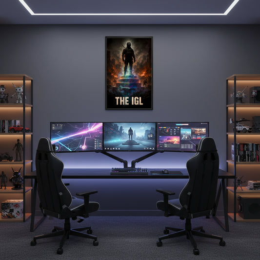 Silhouette of a person on a staircase with 'THE IGL' text against a dark background. Call of duty and FPS inspired poster. One gaming chair and two monitors. Subtle RGB lighting.