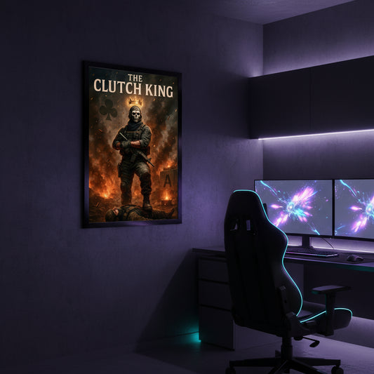 Book cover of 'The Clutch King' with a soldier and skull design on a dark background. Call of duty and FPS inspired poster.