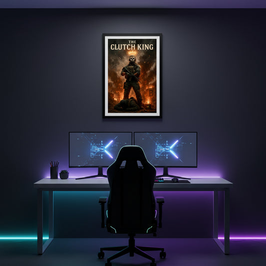 Poster of a character holding a weapon with 'The Clutch King' text on a dark background. Call of duty and FPS inspired poster.