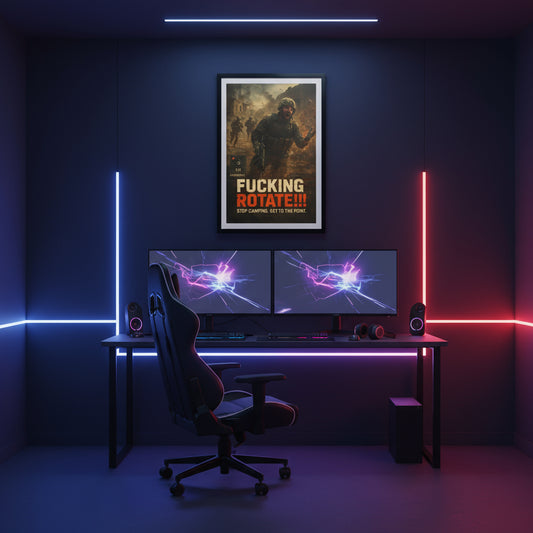 Poster with a soldier in a combat scenario and text on a white background. Call of duty and FPS inspired poster.