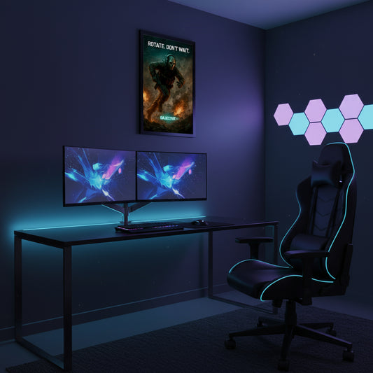 Poster with a character in tactical gear and text 'Rotate. Don't Wait.' on a dark background. Call of duty and FPS inspired poster.