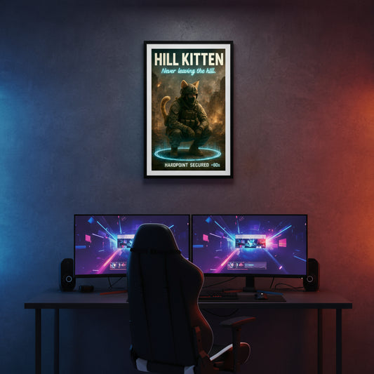 Poster of a cat in a military suit with text 'Hill Kitten' and 'Never leaving the hill.' Call of duty and FPS inspired poster.