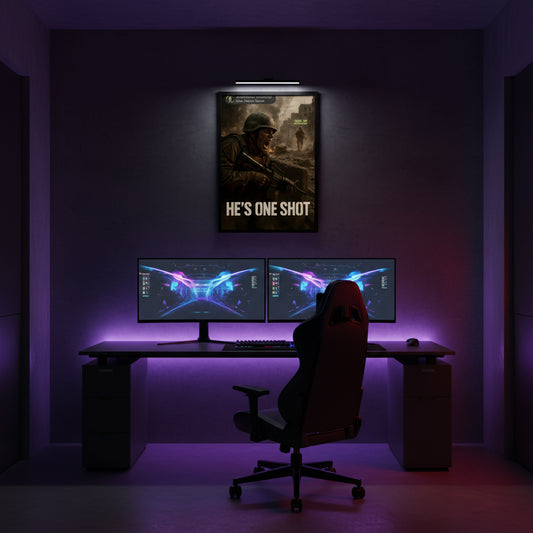 Video game achievement poster with a soldier and text 'He's One Shot' on a white background. Call of duty inspired poster.