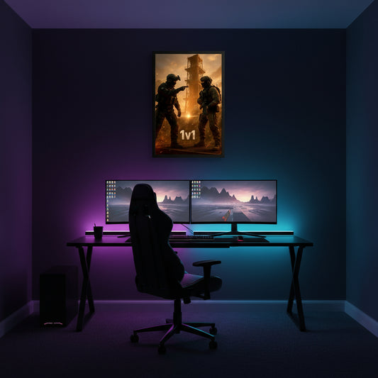 Two soldiers in tactical gear standing in front of a tower with '1v1' text on a white background. Call of duty inspired poster.