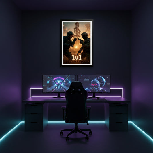 Two soldiers in a combat scenario with a tower in the background, featuring the text '1v1'.Call of duty inspired poster.