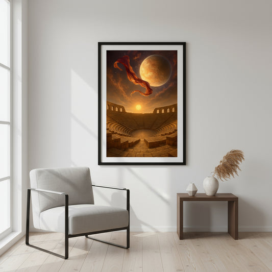 Futuristic arena with a planet and fiery cloud in the sky