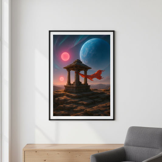 Fantasy scene with a stone structure, red fabric, and two glowing moons on a white background