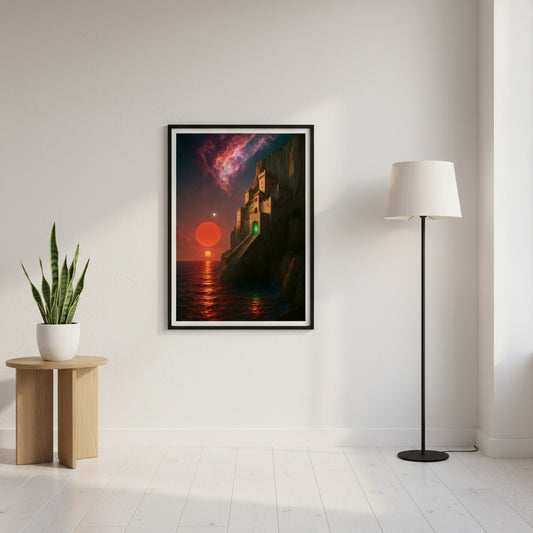 Abstract scene with nebular a sun and sea. Sci fi fantasy