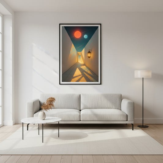 Abstract artwork of a hallway with colorful lights and a lantern.