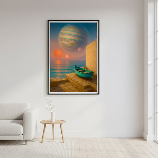 Fantasy scene with a planet, boat, and sunset over water.