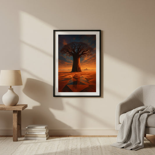 Mystical Baobab landscape with a large tree at sunset on a white background in Africa