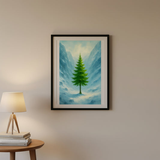 Painting of a solitary Pine tree in a mountainous landscape with blue sky and clouds.