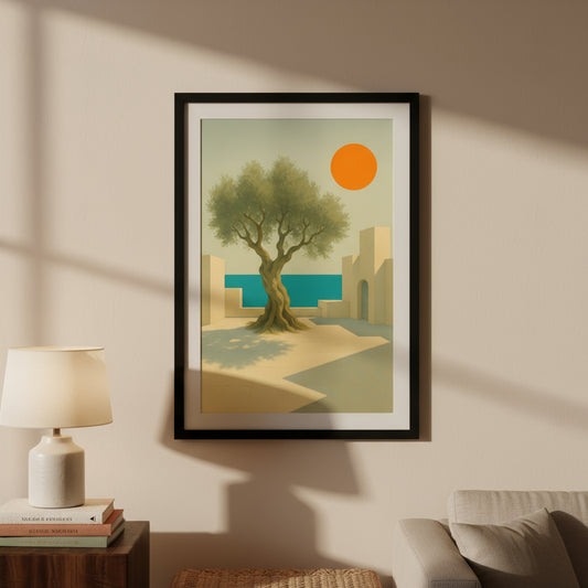 Surreal landscape with a tree, sun, and architectural elements on a beige background