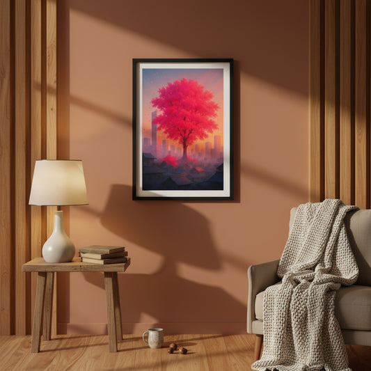Cherry blossom tree in a cityscape with a pastel sky
