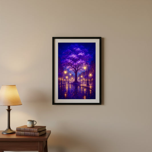 Futuristic cityscape with tall buildings a famous tree and purple sky.