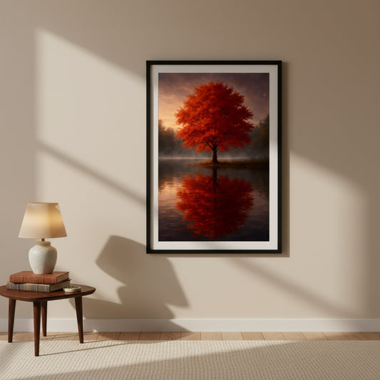 Red maple tree with reflection on water against a sunset sky