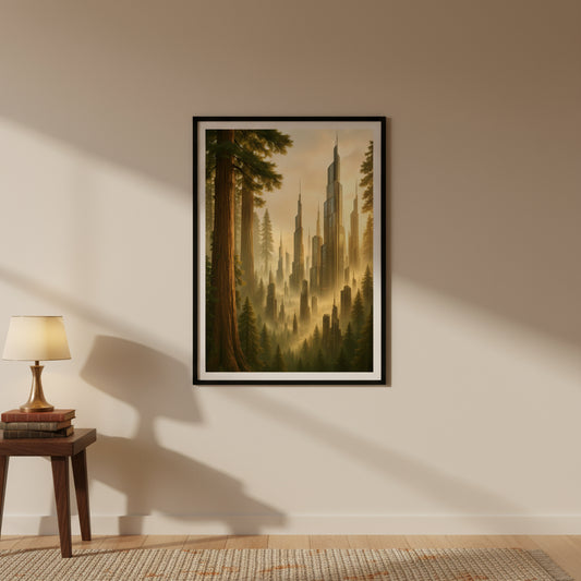 Majestic forest with towering trees and futuristic skyscrapers emerging from mist on a white background