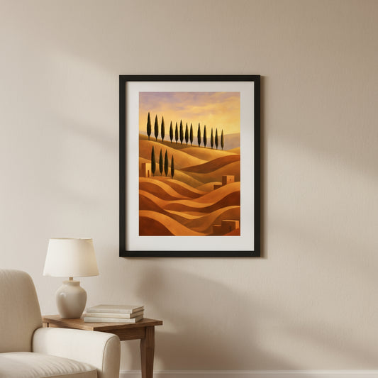Artistic depiction of a landscape with cypress trees and rolling hills.