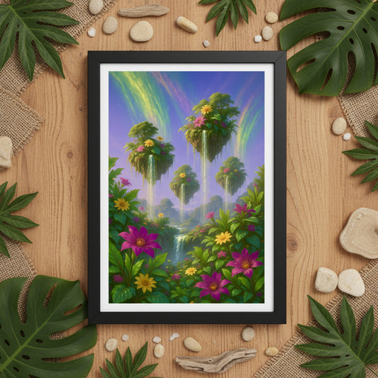 Colorful illustration of a fantasy landscape with trees, flowers, and rainbows on a white background.