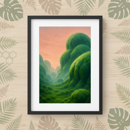 Mossy landscape with a pinkish-orange sky