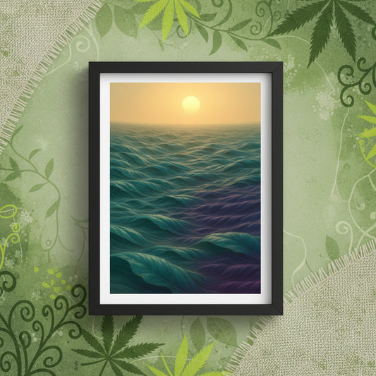 Surreal artwork of wavy green and purple patterns on a white background