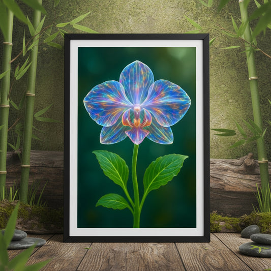 Colorful orchid flower with green leaves on a dark background