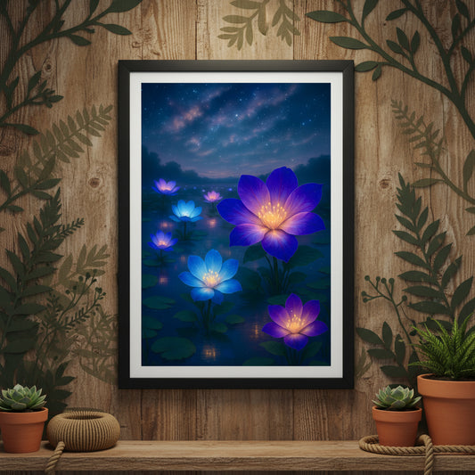 Glowing purple and blue lotus flowers against a dark sky with stars.
