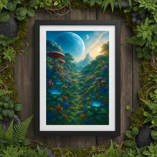 Futuristic landscape with mushrooms and a planet in the background
