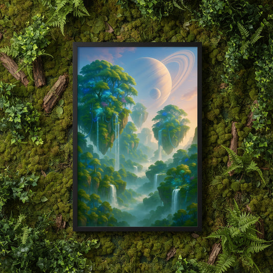Futuristic landscape with trees, waterfalls, and a planet in the background on a white background