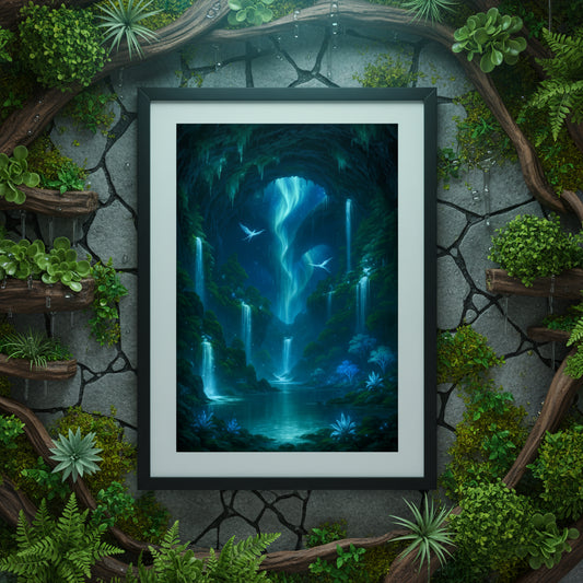 Futuristic landscape with glowing blue lights on a white background