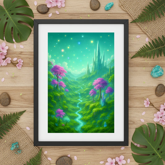 Fantasy landscape with purple trees, a castle, and a river on a green background