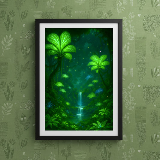 Framed artwork of a mystical forest with glowing plants and a waterfall on a white background